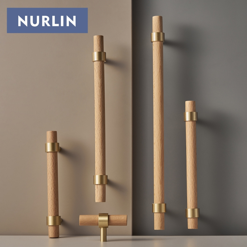 Nurlin Brass Natural Walnut Beech Wood Furniture Handle American Nordic Style Drawer Wardrobe Pull T Bar