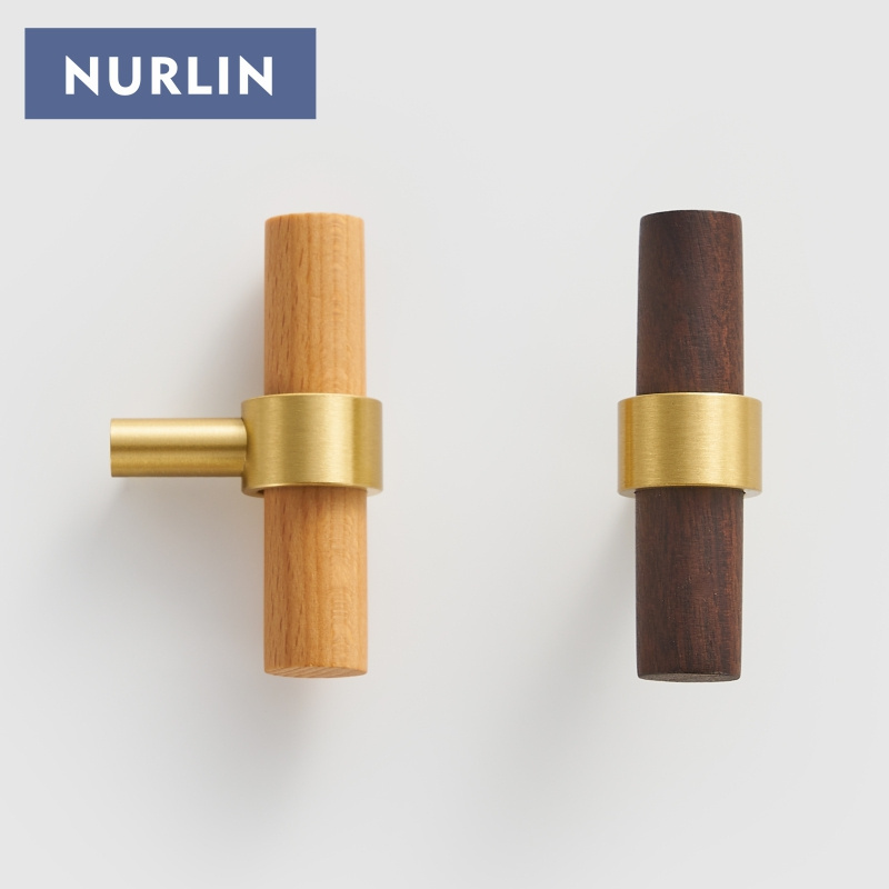 Nurlin Brass Natural Walnut Beech Wood Furniture Handle American Nordic Style Drawer Wardrobe Pull T Bar