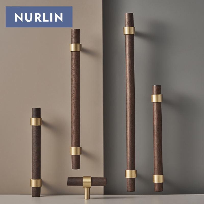 Nurlin Brass Natural Walnut Beech Wood Furniture Handle American Nordic Style Drawer Wardrobe Pull T Bar