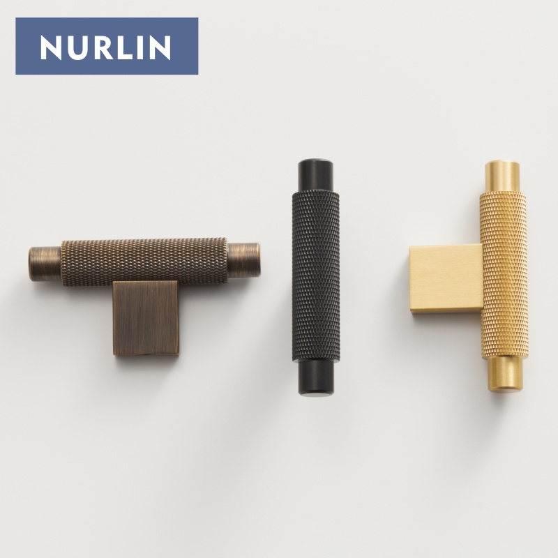 Nurlin New Solid Brass Knurling Brushed Cross Brass Cabinet Knob Cupboards T-bar Long Appliance Pull Furniture Refrigerator Bar