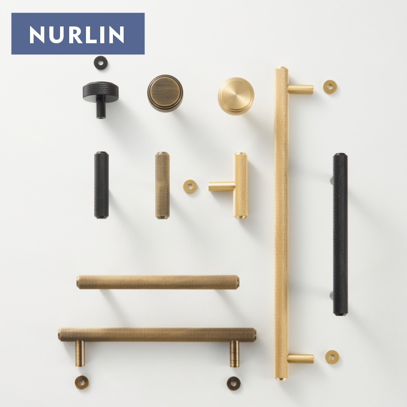 Nurlin Solid Brass Knurled  Diamond Cut Pattern New Cabinet Knobs Wardrobe Door Drawer T-bar Long Pull Free Base Matt Brass