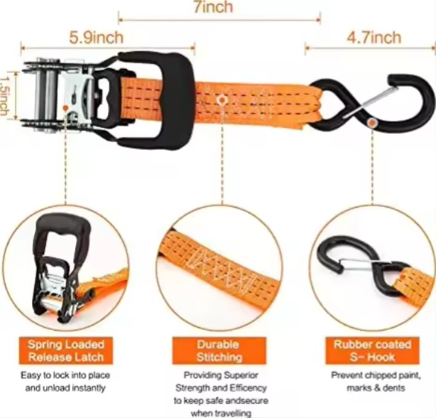 1.5 Inch Wide Ratchet Y Strap Adjustable Tire Tie down 3 Safety Clip Hooks Wheel Polyester Belt Material S Hook End Fittings