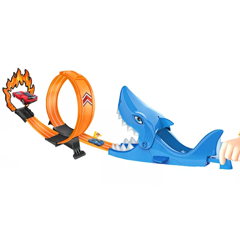 Hot selling die cast shark design kids small catapult race track car toys