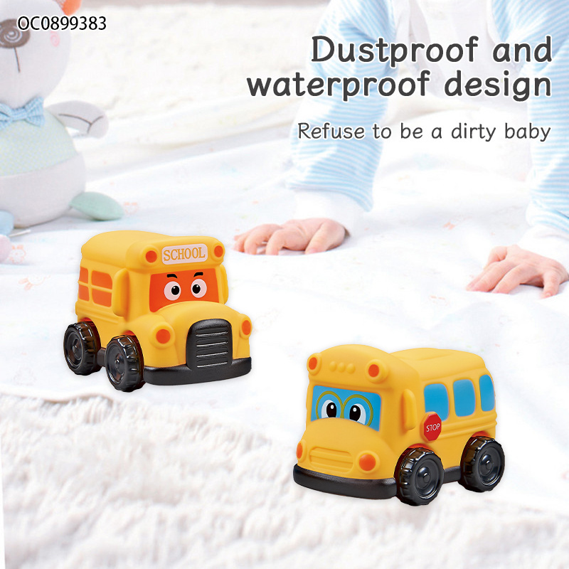 Soft rubber cartoon free wheel school bus mini car toy for kids child