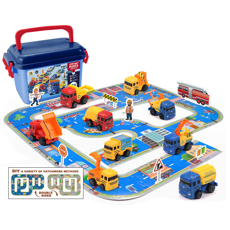 Newest city children educational puzzle road car track mini truck set for kids