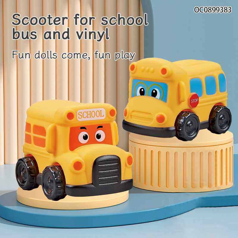 Soft rubber cartoon free wheel school bus mini car toy for kids child