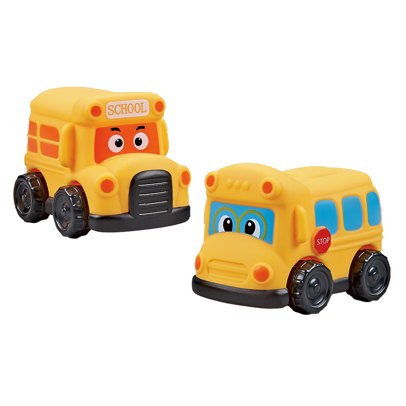 Soft rubber cartoon free wheel school bus mini car toy for kids child