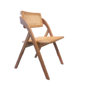 Casual solid wood frame foldable rattan dining chair