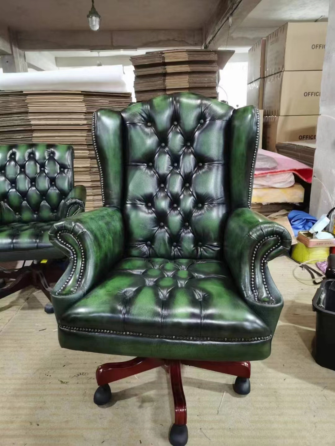 Green  leather high  back wooden frame  office manager  chair