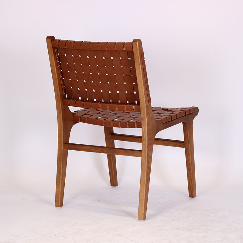 Solid Wood Furniture Teak Woven Wicker Saddle Leather Dining Chairs Backrest Single Leisure Chair