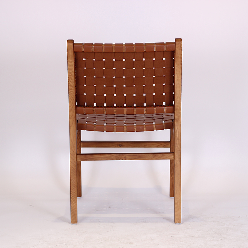 Solid Wood Furniture Teak Woven Wicker Saddle Leather Dining Chairs Backrest Single Leisure Chair