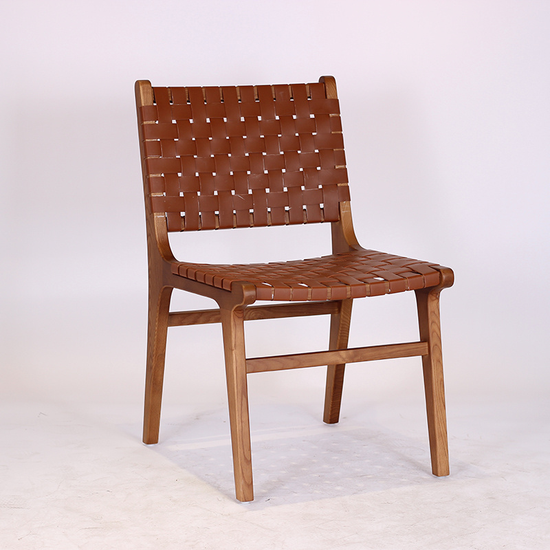 Solid Wood Furniture Teak Woven Wicker Saddle Leather Dining Chairs Backrest Single Leisure Chair