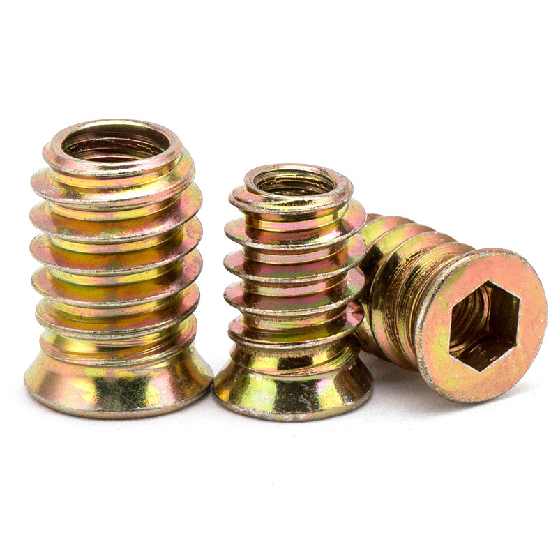 M5 M6 M8 Furniture Wood Insert Nut Alloy Steel Yellow Zinc-plated Threaded Inserts for Wood