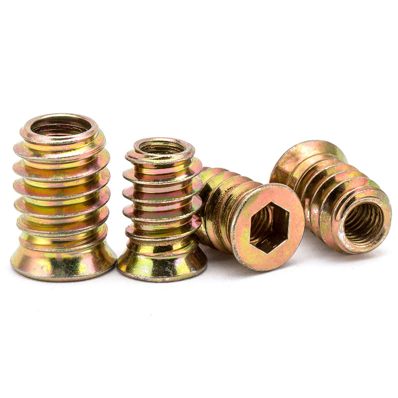 M5 M6 M8 Furniture Wood Insert Nut Alloy Steel Yellow Zinc-plated Threaded Inserts for Wood