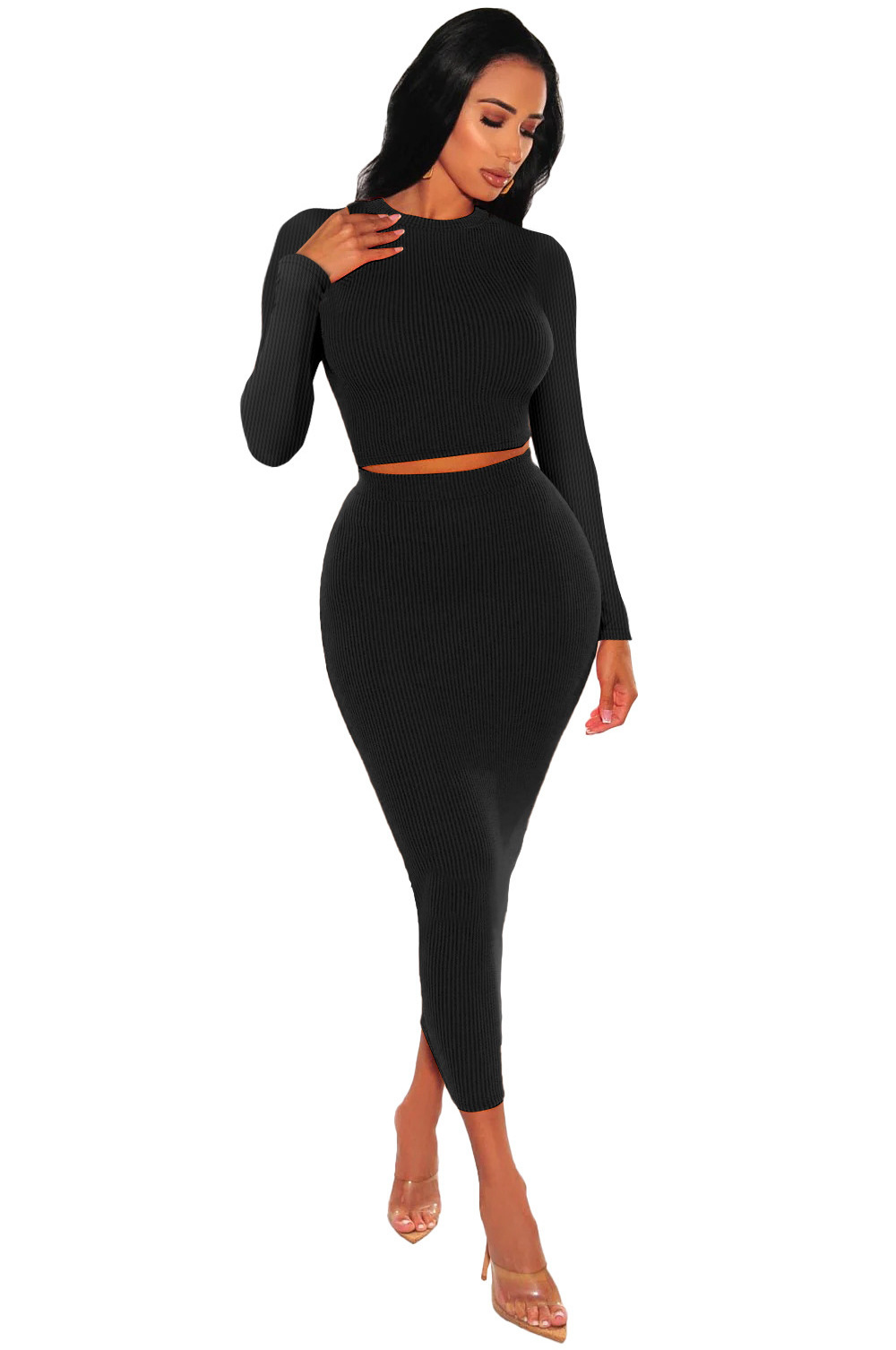 OLAF Long Sleeve Crop Tops+high Waist Bodycon Skirt Fall Women Clothes Solid Ribbed Tight 2 Piece Skirt Set