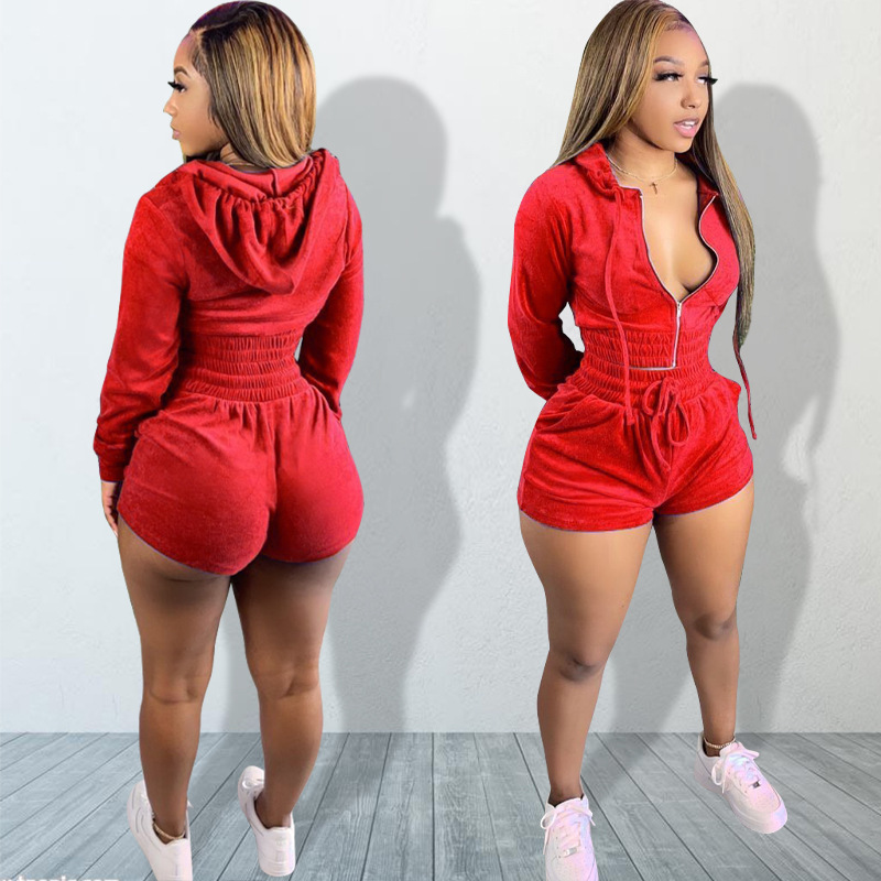 OLAF Drop Shipping In Stock Women Biker Short Sets 2 Piece Set Clothing Zipper Hoodie Women Crop Tops Two Piece Set Clothing