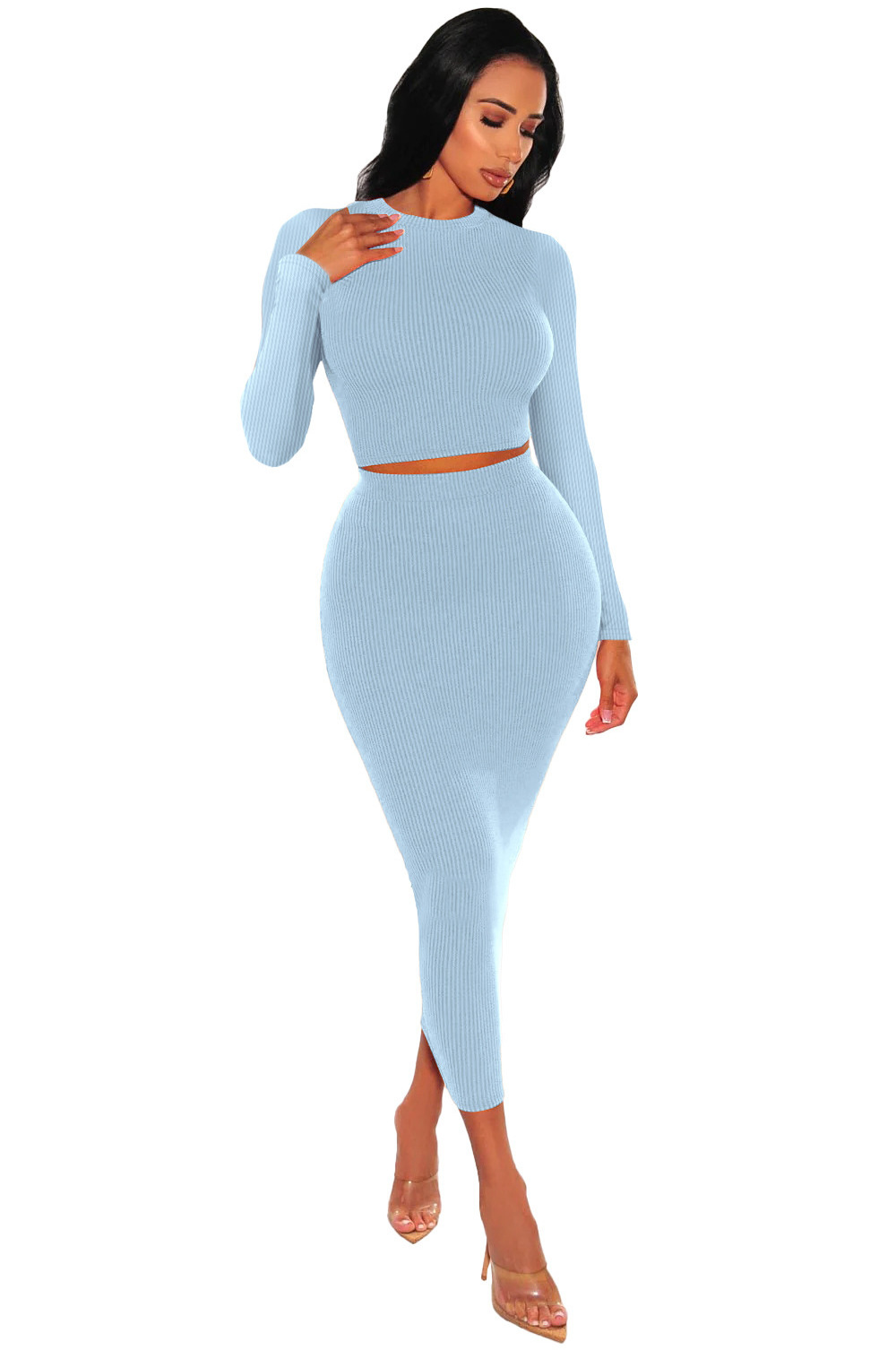 OLAF Long Sleeve Crop Tops+high Waist Bodycon Skirt Fall Women Clothes Solid Ribbed Tight 2 Piece Skirt Set