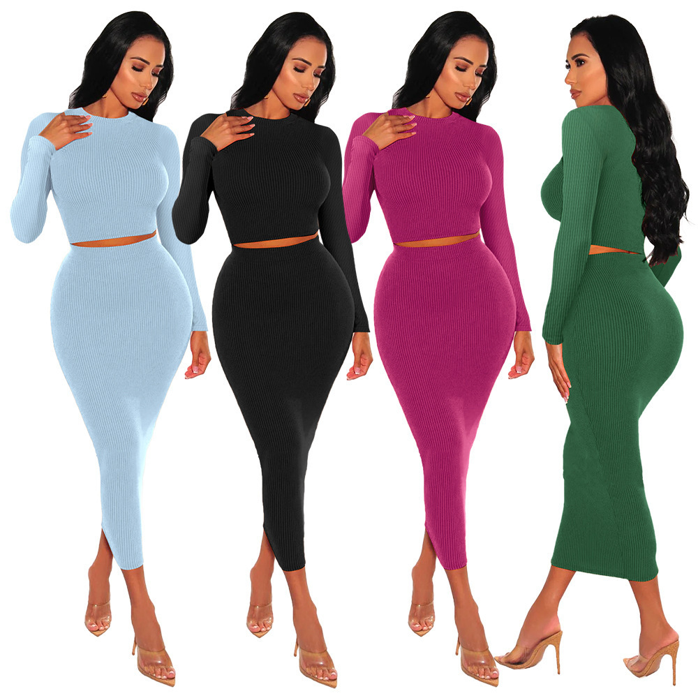 OLAF Long Sleeve Crop Tops+high Waist Bodycon Skirt Fall Women Clothes Solid Ribbed Tight 2 Piece Skirt Set