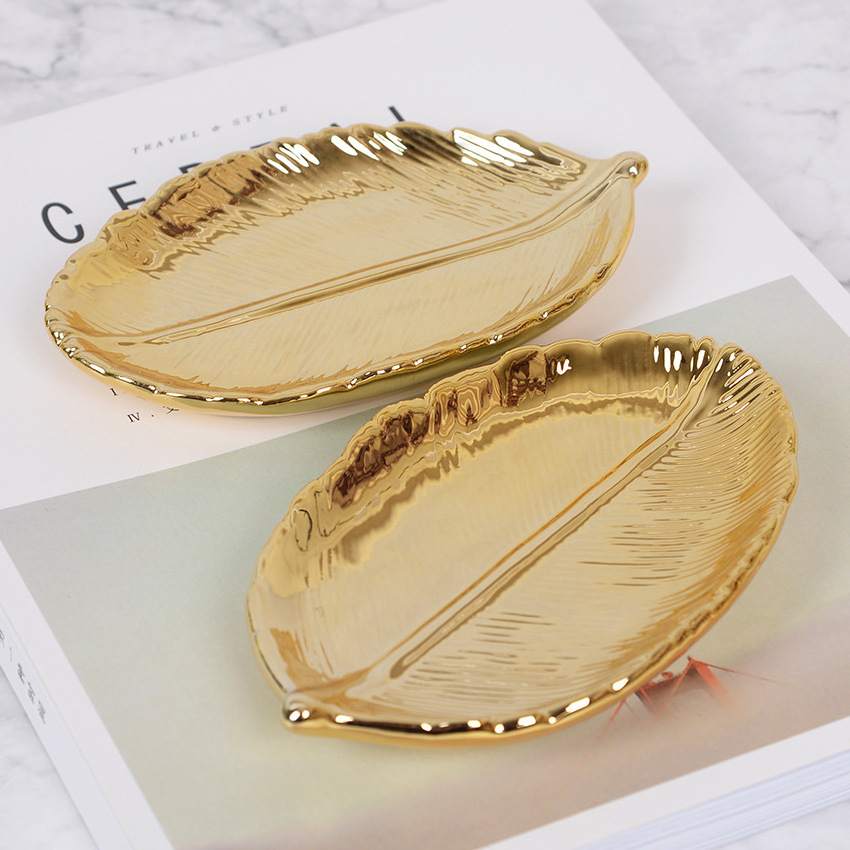 Gold Ceramic Leaf Storage Box Gold Leaf Jewelry Tray Dry Fruit Dish Tabletop Furniture