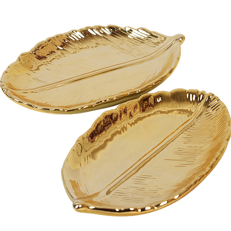 Gold Ceramic Leaf Storage Box Gold Leaf Jewelry Tray Dry Fruit Dish Tabletop Furniture