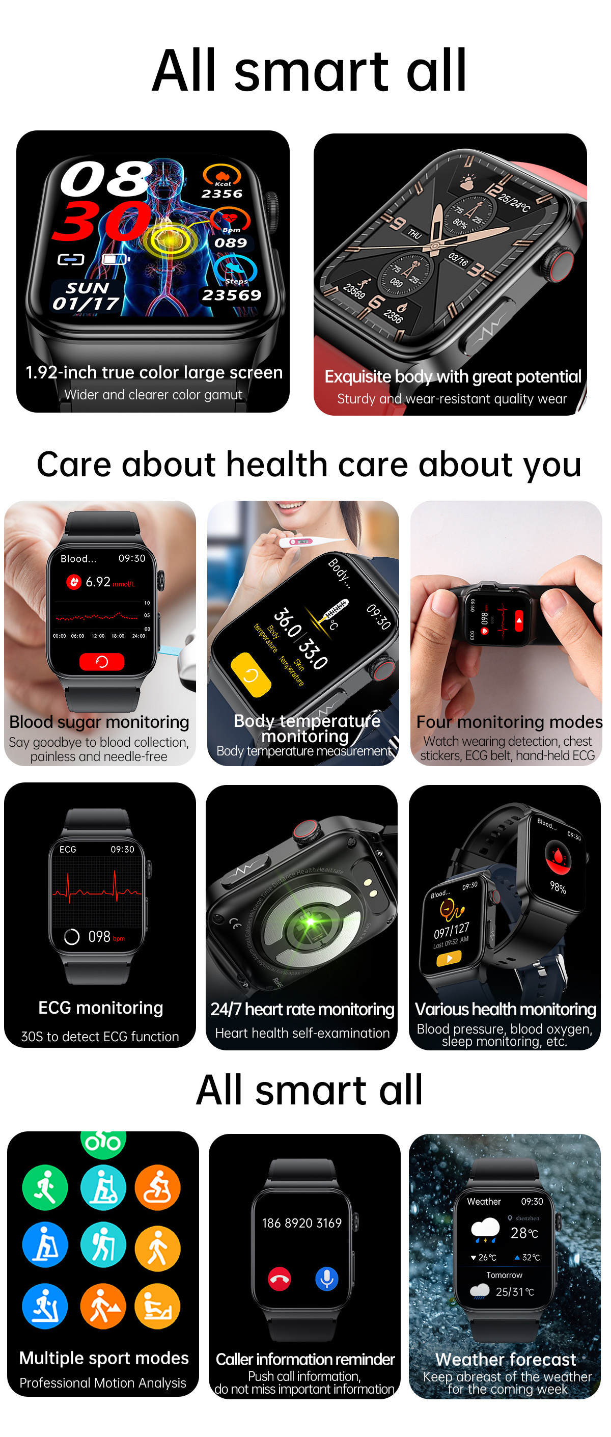 2022 1.83 inch Blood glucose Smart watch E500 glucose Watch with 4 modes ECG monitoring