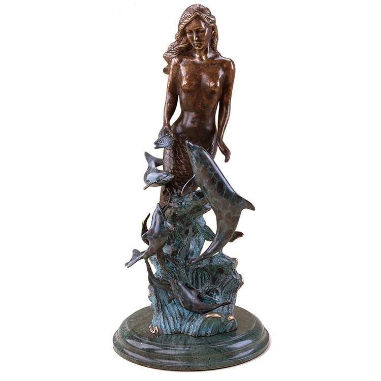 Life Size Bronze Mermaid and Dolphins Art Statue Copper Dolphin Water Sculpture