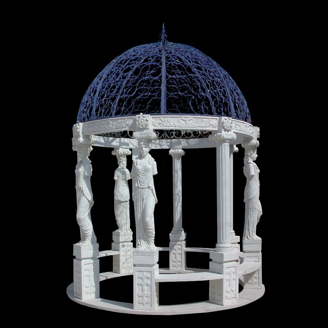 Large Outdoor Marble Stone Garden Gazebo with Woman Statues