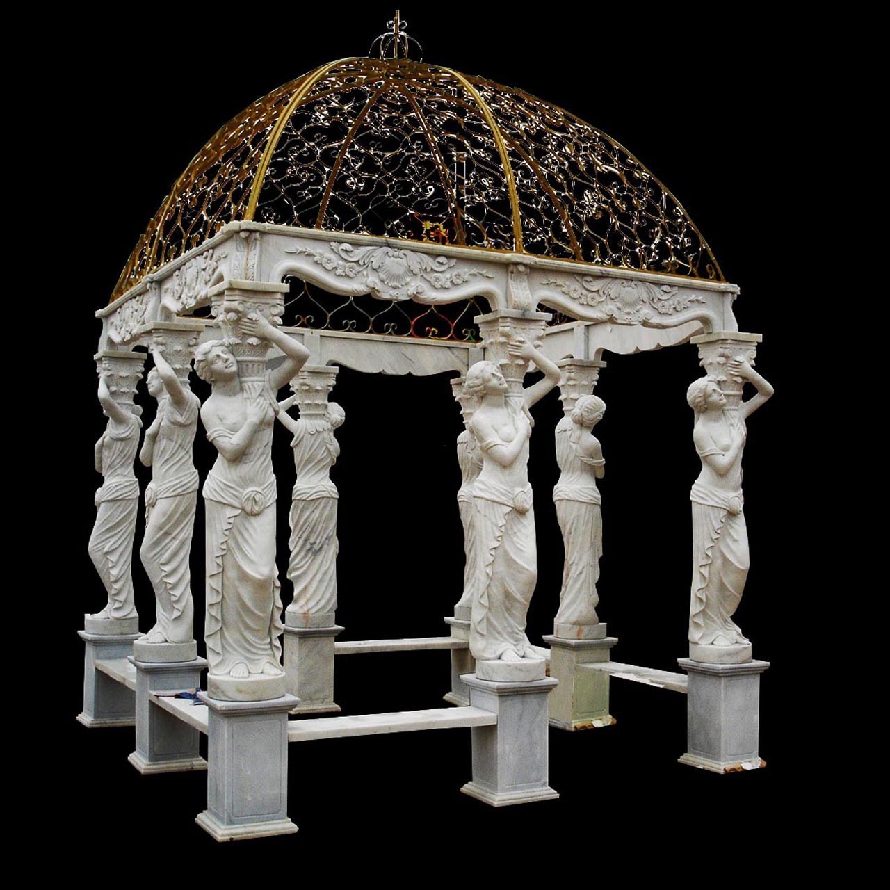 Large Outdoor Marble Stone Garden Gazebo with Woman Statues