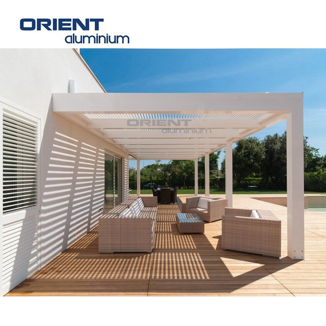 Aluminum Slatted Roof Pergola with Solar Power Motorized with Lights Outdoor Gazebos Canopy Coated Frame Finish Poly Material