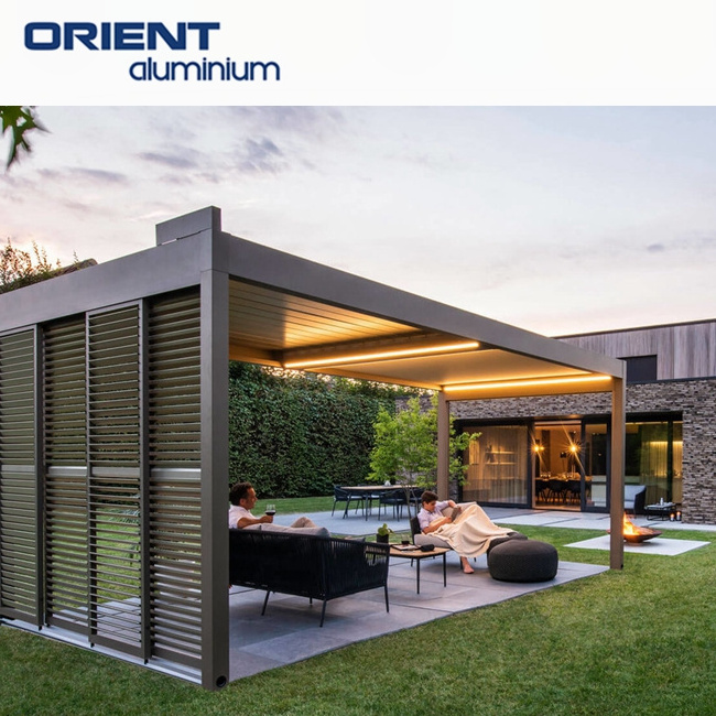 ORIENT Wall mounted waterproof motorized outdoor gazebo modern aluminum louvre roof bioclimatic pergola for sunshade