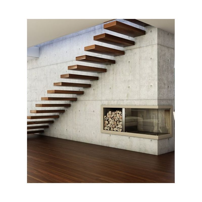 Prima Floating Straight Stairs With Wood Tread And Frameless Glass Railing Staircase