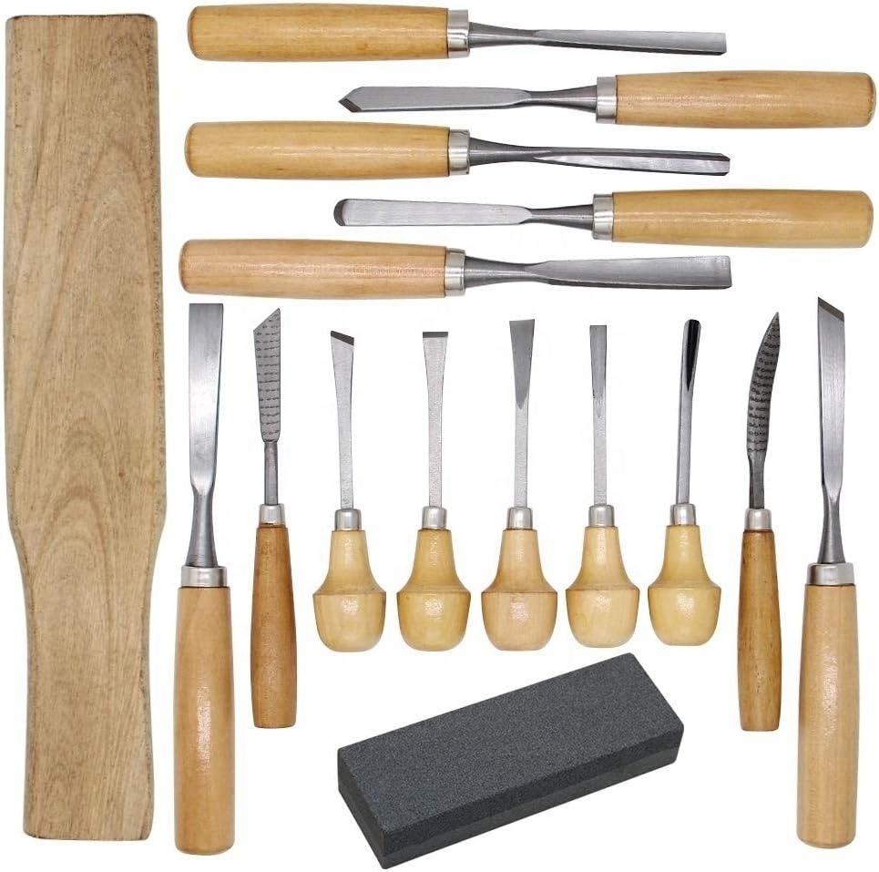 Customized Wood Carving Chisel Set with Wooden Handle and High Carbon Steel Head with Sharpening Stone