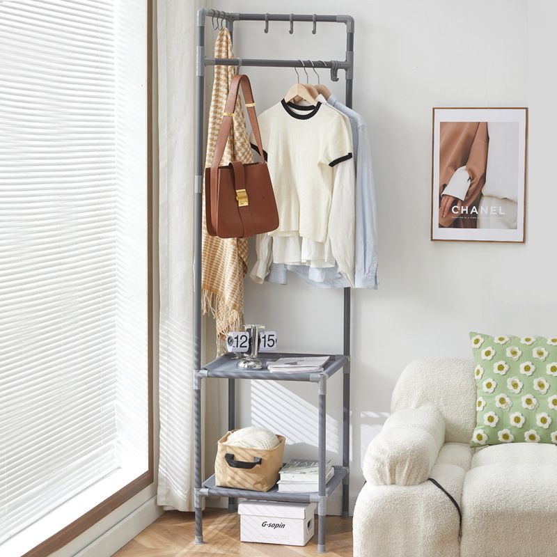 New style  Corner standing coat and hat  rack metal clothes rack  with 2 layer non-woven storage compartment