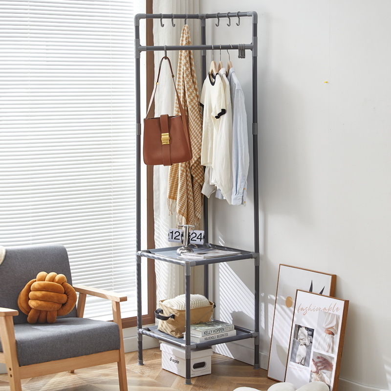 New style  Corner standing coat and hat  rack metal clothes rack  with 2 layer non-woven storage compartment