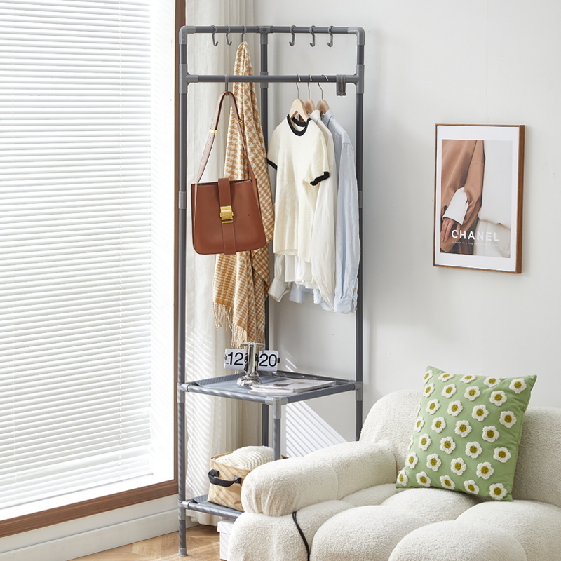 New style  Corner standing coat and hat  rack metal clothes rack  with 2 layer non-woven storage compartment