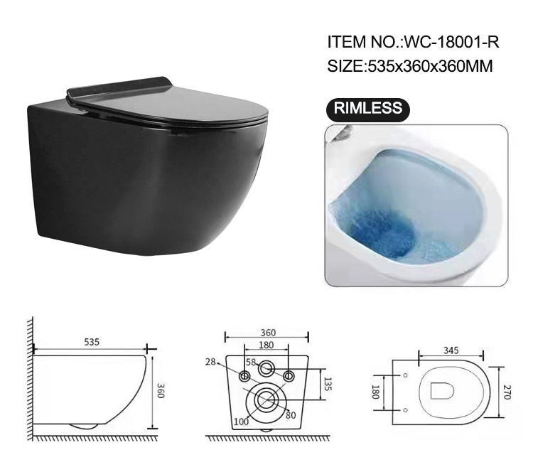 Ovs Ce Wall Hanging European Rimless P Trap Modern Color Ceramic Sanitary Ware Wc Wall Mounted Drain Matt Black Wall Hung Toilet