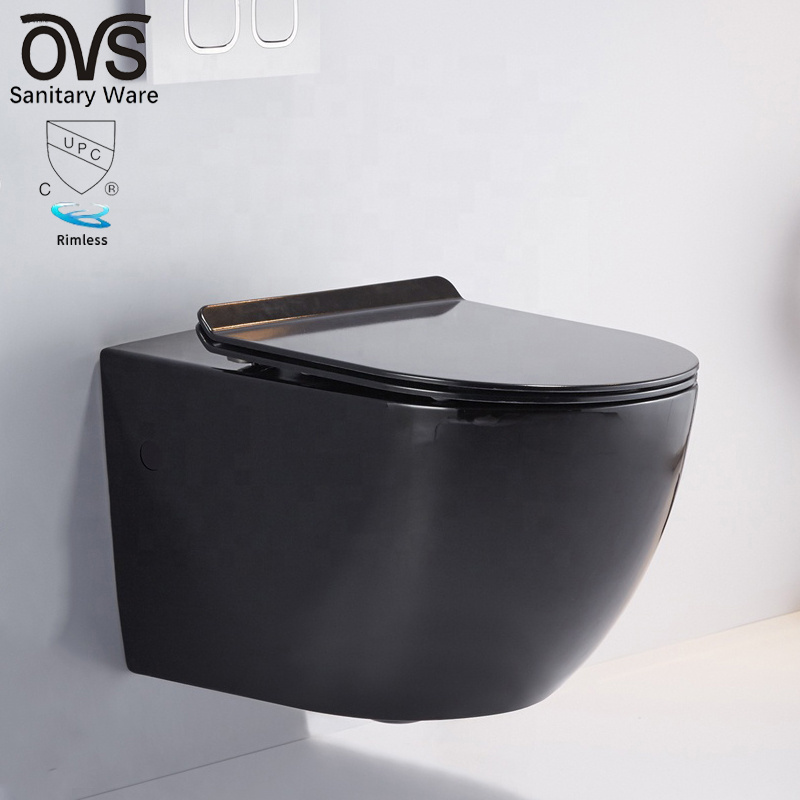 Ovs Ce Wall Hanging European Rimless P Trap Modern Color Ceramic Sanitary Ware Wc Wall Mounted Drain Matt Black Wall Hung Toilet