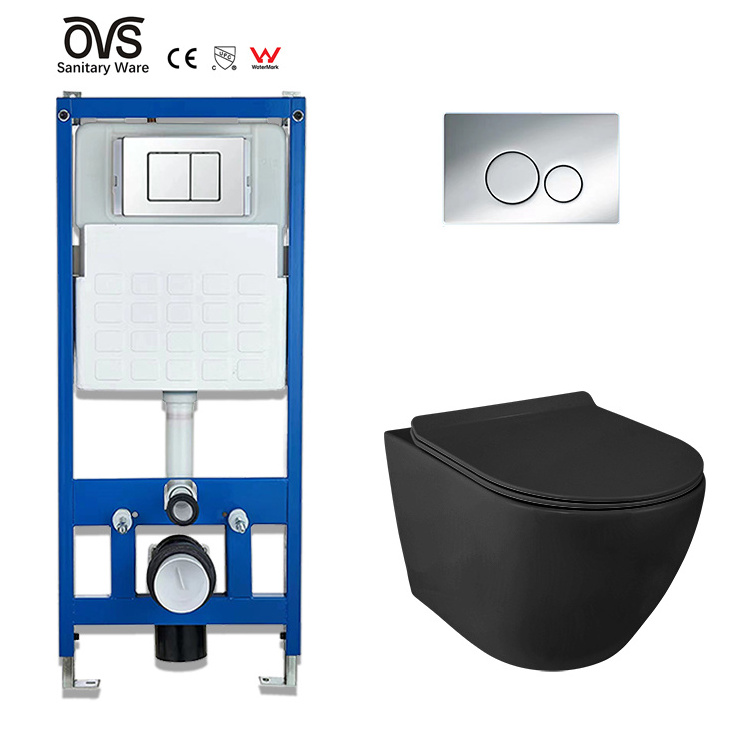 Ovs Ce Wall Hanging European Rimless P Trap Modern Color Ceramic Sanitary Ware Wc Wall Mounted Drain Matt Black Wall Hung Toilet