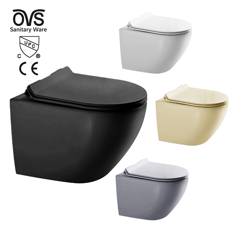 Ovs Ce Wall Hanging European Rimless P Trap Modern Color Ceramic Sanitary Ware Wc Wall Mounted Drain Matt Black Wall Hung Toilet