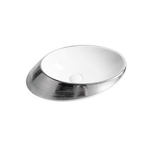 Chaozhou Factory Luxury Oval Plated Silver And White Ceramic Porcelain Table Top Bathroom Art Hand Wash Basin