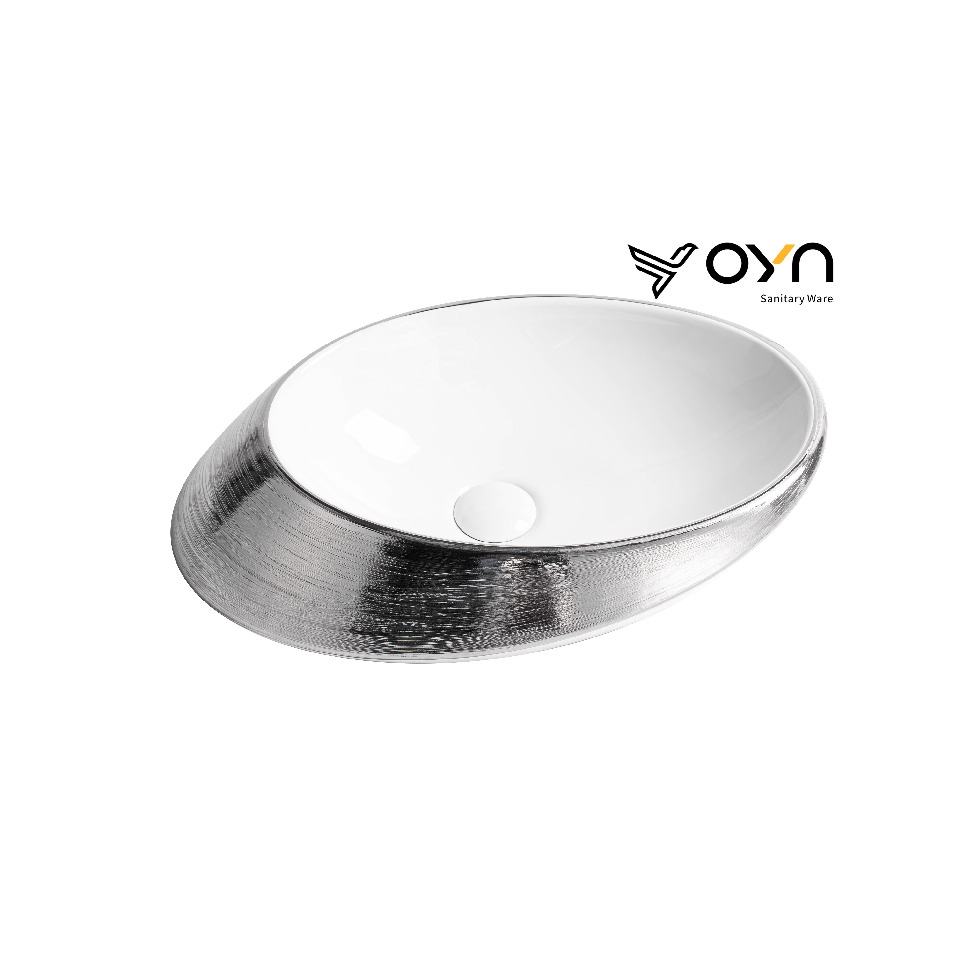 Chaozhou Factory Luxury Oval Plated Silver And White Ceramic Porcelain Table Top Bathroom Art Hand Wash Basin