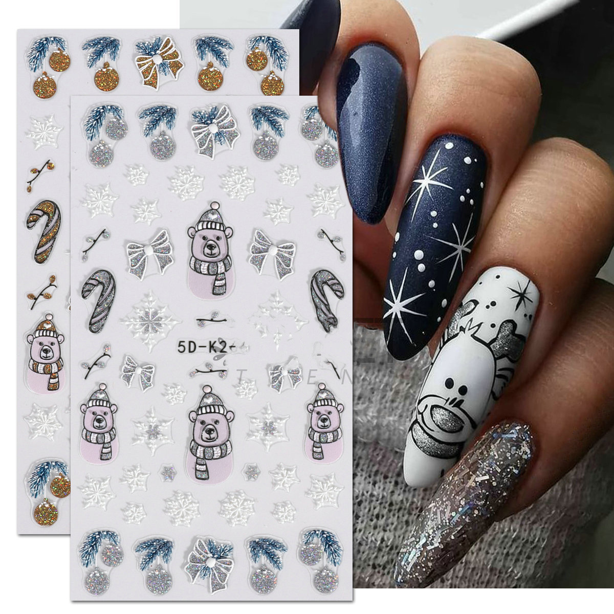 Custom 5D/3D Christmas Cartoon Nail Stickers Shiny Glitter Gold Silver Snowflake Snowman Tree Xmas Relief Embossed Decal