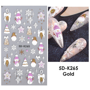 Custom 5D/3D Christmas Cartoon Nail Stickers Shiny Glitter Gold Silver Snowflake Snowman Tree Xmas Relief Embossed Decal