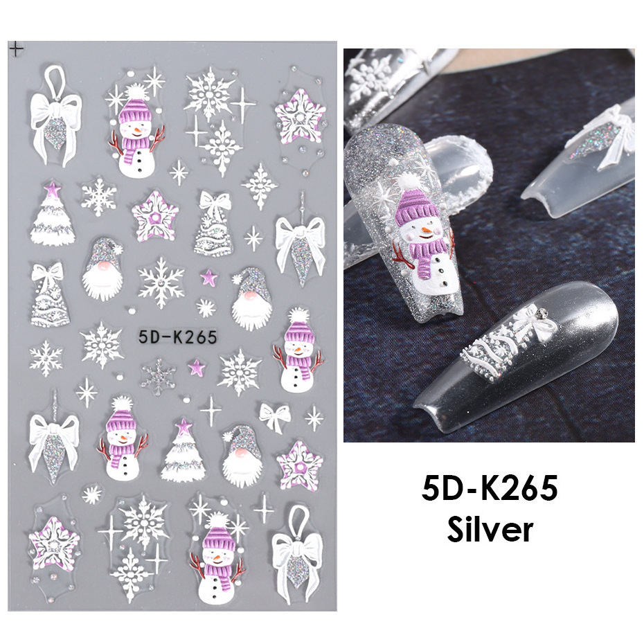 Custom 5D/3D Christmas Cartoon Nail Stickers Shiny Glitter Gold Silver Snowflake Snowman Tree Xmas Relief Embossed Decal