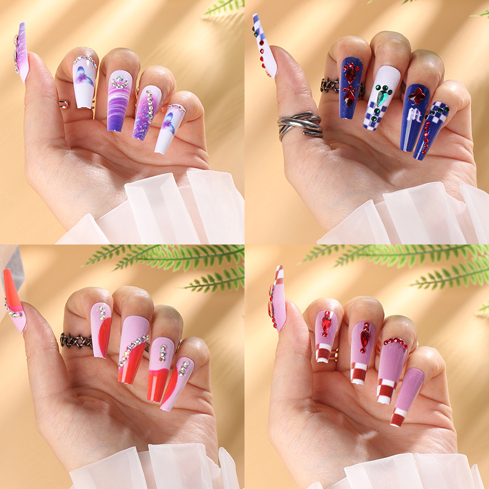 Wholesale Private Label Full Cover 24Pcs/Set Rainbow Ballerina Acrylic Artificial Long Coffin Press On Nails With  Rhinestone