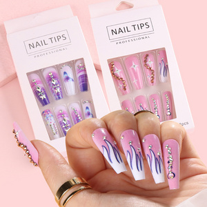 Wholesale Private Label Full Cover 24Pcs/Set Rainbow Ballerina Acrylic Artificial Long Coffin Press On Nails With  Rhinestone