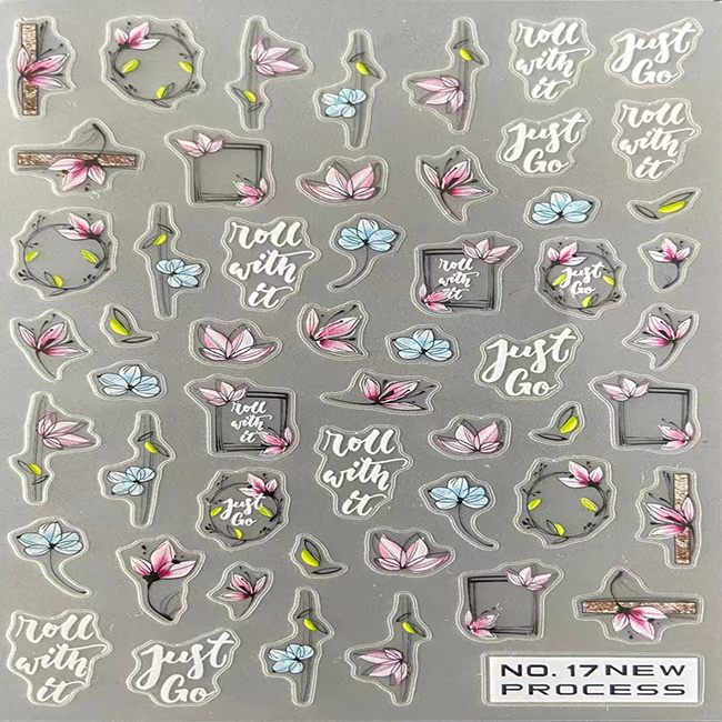 2022 New Plastic Nail Art Sticker Flower Letter Butterfly Leaf Blue Pattern  3D Press On Nail Stickers