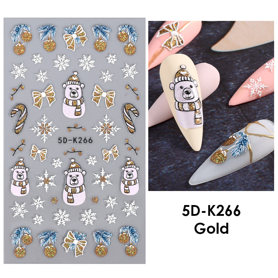 Custom 5D/3D Christmas Cartoon Nail Stickers Shiny Glitter Gold Silver Snowflake Snowman Tree Xmas Relief Embossed Decal