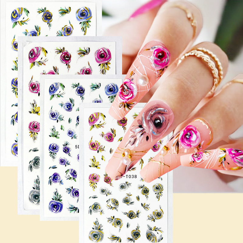 New Gilded Foil rose embossed 3D/5D nail stickers Private Label Customize press on Desgin Adhesive Nail Wraps Decal