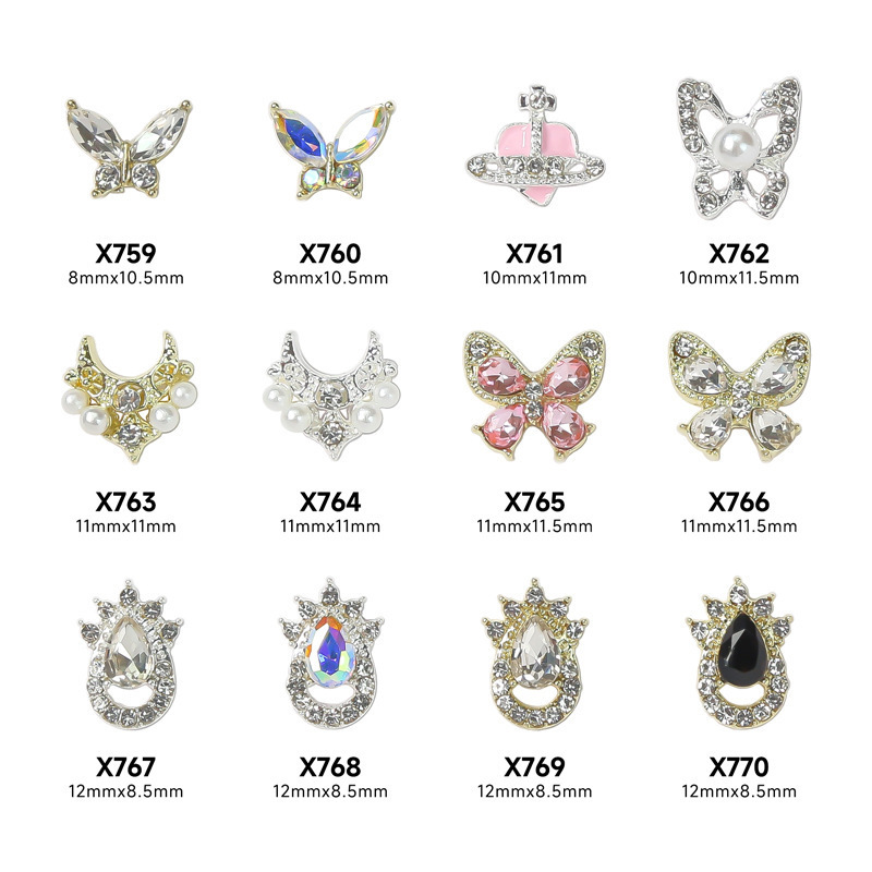 10PCS/bag Metal Rhinestone Alloy Nail Art Accessories Charms 3D cute Butterfly Pearl Heart Jewelry Crystal Nail Art Decoration